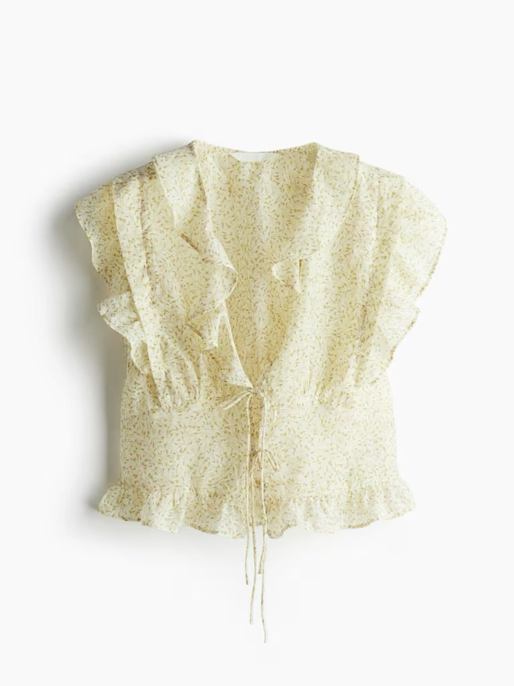 H&M Pale Yellow Floral Ruffle Tie-Front Blouse